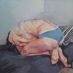 a painting of a man sleeping on top of a bed next to a striped pillow