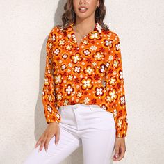 0 70s Mode, Orange Floral Top, Carefree Fashion, Hippie Top, Semi Sheer Top, Contemporary Wardrobe, Hippie Tops, Style Tops, 70s Inspired