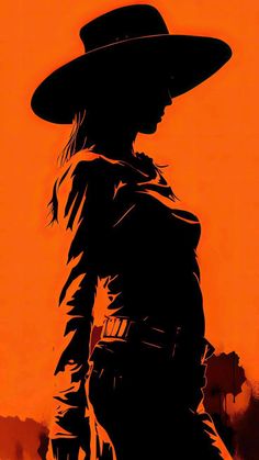 the silhouette of a woman in a hat is shown against an orange and black background