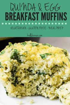 an egg muffin is cut in half on a white plate with the words, quinoa and egg breakfast muffins vegetarian gluen free meal