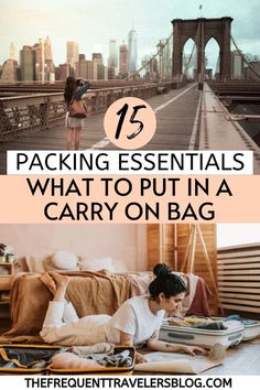 a woman laying on the floor next to luggage and looking at her laptop with text overlay that reads 15 packing essentials what to put in a carry on bag