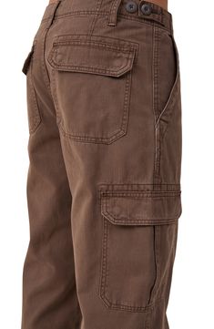 March to a utilitarian beat in these cargo pants cut from soft cotton and plenty of pockets for all your daily essentials. 32" inseam; 10 1/2" front rise Zip fly with button closure Front slant pockets; cargo flap-patch pockets; back flap-patch pockets 100% cotton Machine wash, line dry Imported Brown Cotton Cargo Pants With Flap Pockets, Brown Cotton Cargo Pants, Brown Cotton Utility Cargo Pants, Military Style Brown Pants With Pockets, Brown Military Pants With Pockets, Brown Cargo Pants, Tactical Cargo Pants, Cargo Pants Men, Catwoman