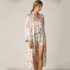 Silk Robes and Kimono PJ Set | Eiyo Kimono Lingerie Satin, Kimono Gown, Satin Nightwear, Floral Pajama Set, Bridal Party Gowns, Pyjama Satin, Kimono Floral, Bath Robes For Women, Satin Sleepwear