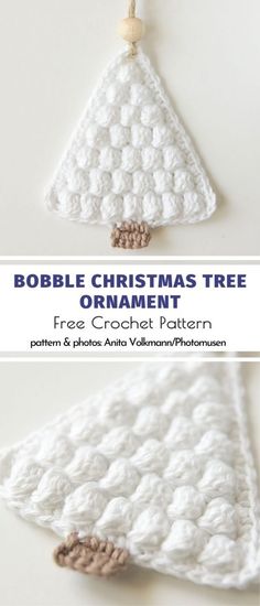 crocheted christmas tree ornament with text overlay