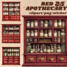 an old fashioned medicine cabinet with jars and drawers on the front, labeled red 25 apothecary clipart / png sticker