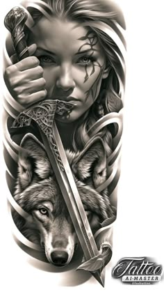 Warrior Wolf Tattoo, Worrier Women, Warrior Woman Tattoo, Female Symbol Tattoo, Goddess Tattoo Design, Warrior Tattoo Sleeve