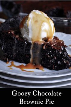 rich and fudgy chocolate brownie pie with ice cream on top