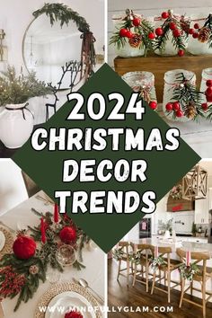 christmas decor is featured in this collage with red and green decorations on the table