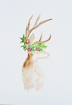 a watercolor painting of a deer with holly on its antlers