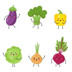 four different vegetables with faces and arms