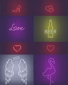 six neon signs with different types of alcohol and love written on them, all in different colors