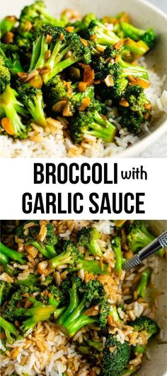 broccoli with garlic sauce in a white bowl on top of rice and brown rice