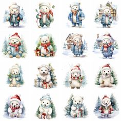 the teddy bears are all dressed up in winter clothes and holding christmas gifts, while wearing santa's hats