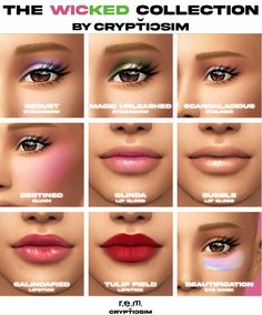 the various types of eyes and lips are shown in this poster, which includes different colors