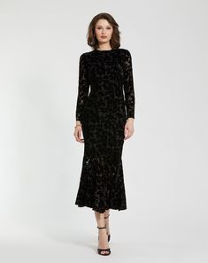 Burnout Velvet Long Sleeve Ruffle Hem Midi Dress Black Tie Event Dresses Winter, Destination Wedding Guest Dress, Fall Formal Dresses, Black Tie Event Dresses, Party Dress Sale, Fall Wedding Guest Dress, Burnout Velvet, Black Tie Gala, Evening Dresses Cocktail