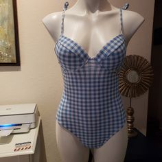 -Brand New Never Worn -Blue & White One Piece -Buite In Wire Bra -Spaghetti Straps Can Tie Several Ways -Can Be Worn On Hips Or High Waisted 82% Polyester 18% Spandex Cotton Gingham Swimwear For Summer, Casual Gingham Swimwear For Spring, Casual Fitted Gingham Swimwear, Casual Fitted Plaid Swimwear, Pin Up Swimsuit, Wire Bra, White One Piece, One Piece Bathing Suit, Blue Swimsuit