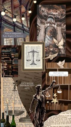 a collage of images with books and justice symbols