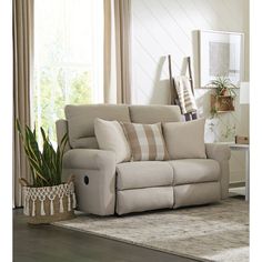 a living room scene with focus on the reclining sofa and pillows, along with a potted plant