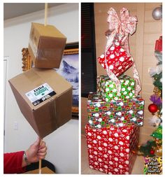 two pictures side by side, one with wrapped presents and the other has stacked boxes