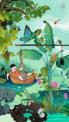 an illustration of a boy in a boat surrounded by plants and animals, with butterflies flying above