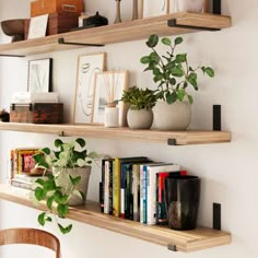 two wooden shelves filled with books and plants