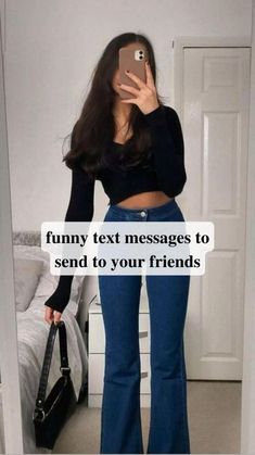 a woman taking a selfie with her cell phone in front of her face and the caption says, funny text messages to send to your friends