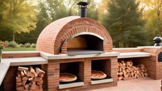 an outdoor brick pizza oven with wood stacked around it