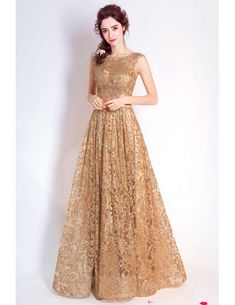 Luxury Gold Sparkly Lace A Line Formal Dress Sleeveless Gold Graduation Dress, Gold Floor Length Dress, Prom Dresses Cheap, Ella Enchanted, Gold Evening Dresses, Gold Prom Dresses, Long Formal Gowns, Prom Dresses 2019, Elegant Prom Dresses