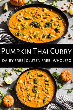 pumpkin thai curry with broccoli in a skillet