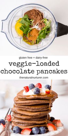 a stack of pancakes with fruit on top and the words vega - loaded chocolate pancakes