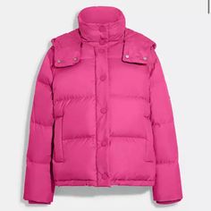 Super Cute!!! 100% Polyester Knit Rib: 98% Cotton, 2% Elastane Lining: 100% Polyester Fill 1: 90% Down, 10% Feathers Fill 2: 100% Polyester Snap Button Closure Slip Pockets Coach Casual Spring Outerwear, Casual Coach Winter Outerwear, Coach Jackets, Coach Jacket, Snap Button, Pink Color, Feathers, Puffer, Super Cute