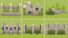 four different views of a stone wall and grass