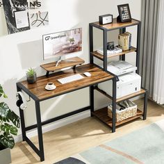 a computer desk with two shelves on each side and a printer on the other side