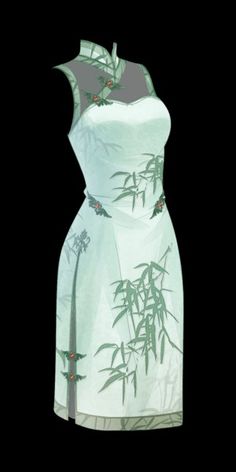 a white dress with green leaves and flowers on the front, against a black background