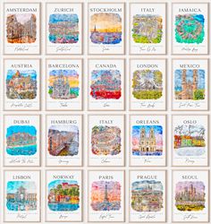 the european cities are depicted in watercolor and ink on paper, each with their own name