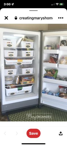 an open refrigerator with food in it on the left and right doors are opened to show what's inside