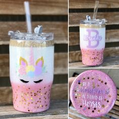 two pictures of the same cup with glitter and unicorns on it, one has a straw