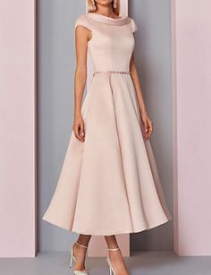 A-Line Cowl Neck Ankle Length Satin Mother of the Bride Dress with Crystals by LAN TING Express Wedding Guest Plus Size, Satin Short Sleeve, Mother Of Bride Outfits, Mother Of Groom Dresses, Dress Wedding Guest, Satin Short, Mob Dresses, Bride Clothes, Mother Of The Bride Dress