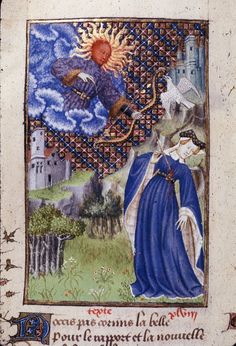 an illuminated manuscript with a depiction of a woman holding a bird