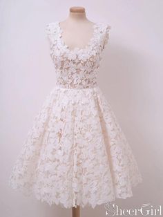 Ivory Lace Homecoming Dresses Square Neck Short Prom Dress ARD2383-SheerGirl Gaun Tulle, White Lace Shorts, Short Prom Dresses, White Homecoming Dresses, Short Prom Dress, Lace Homecoming Dresses, Custom Size Dresses, Lace Short, Vestidos Vintage