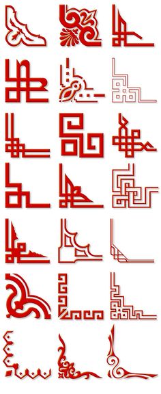 some type of red and white designs on a white background with the words in different languages