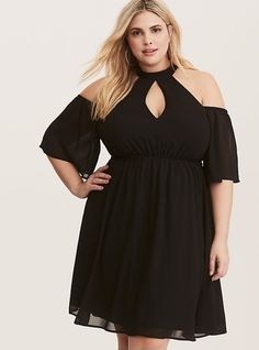 Plus Size Black High Neck Cold Shoulder Chiffon Skater Dress, DEEP BLACK, hi-res Floral Chiffon Blouse, New Street Style, Spring Clothes, Active Outfits, Black Chiffon, Dress Images, Torrid Dresses, Deep Black, Buy Dress