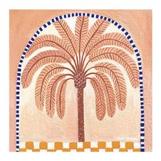 a painting with a palm tree in the middle and checkered border around it on a wall