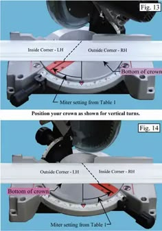 two pictures showing the different parts of a miter sawing machine with instructions on how to use it