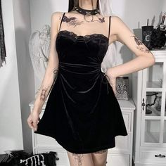 Material:Velet  Size:S-L  Sku:DR13364 Alt Dress, Cheap Party Dresses, Rock Dresses, High Waist Dress, Rock Chic, 60s Dress, Black Velvet Dress, Vestidos Vintage