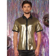 Check out this stunning Shiny Design Color Block Collared Short Sleeves Button Down Closure Nightclub shirt! The sparkling disco button-down shirt is designed to show off your figure and make your style stand out. It's the perfect choice for a night out at a club, a lively party, or a dazzling dancing performance. You can elevate your look by pairing this shiny shirt with faux leather pants and a metallic coat for a touch of glamour. Fitted Short Sleeve Shirt For Night Out, Fitted Collared Shirt For Party, Party Short Sleeve Shirt, Fitted Gold Top With Button Closure, Party Season Short Sleeve Shirt, Fitted Short Sleeve Party Shirt, Fitted Shirt With Button Closure For Party, Short Sleeve Shirt For Summer Night Out, Collared Shirt For Summer Night Out