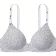 Nwt Victoria's Secret Pink Wear Everywhere Wireless Padded Pushup Bra 34dd Gray Size: 34dd Color: Cotton Logo Medium Heather Grey Brand New With Tags, In Polybag, Straight From Victoria's Secret.Com. Retail $36.95 Always Fast Shipping And Always 100% Smoke-Free The Takeaway: As Supportive As Your Bff The One You Love The Most Gives You A Boost Thanks To The Push-Up Design That Adds Up To 1 Cup Size. Push-Up Padding Medium Lift Wireless Bonded Bottom Band Provides Structure And Support Fully Adju Pink Victoria Secret Bra Push Up, Cheap Partially Lined Victoria's Secret Bra, Victoria Secret Push Up Bra, Victoria Secret Pushup, Fame Clothes, Bras Pink, Pink Bras, Bra Outfit, 13 Birthday