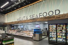 the inside of a meat and seafood store