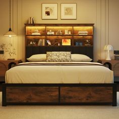 a bedroom with a bed, night stand and shelves on the wall next to it