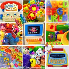 there are many different toys that can be found in this collage, including an old computer